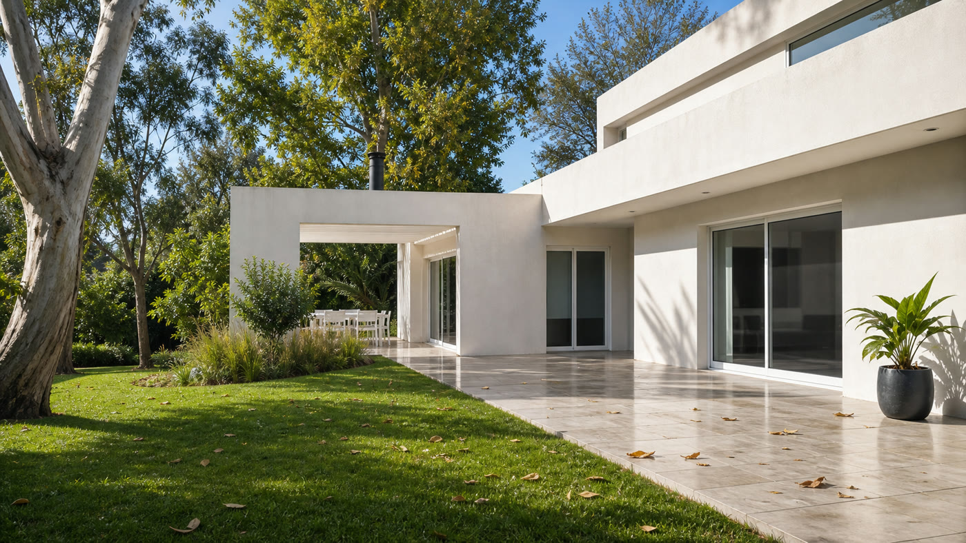 Casa con patio limpio y hojas en el piso para mantenimiento exterior