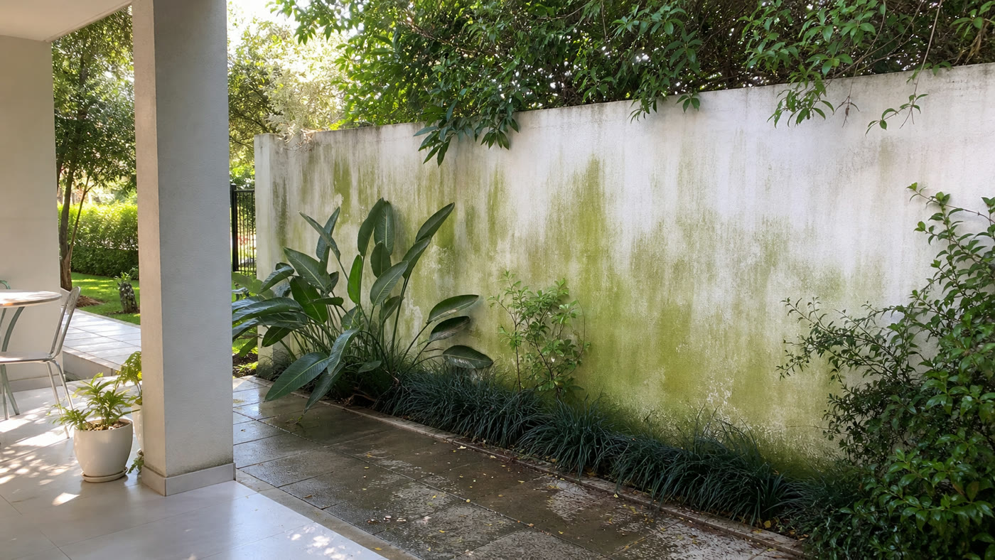 Pared exterior con verdín junto a plantas
