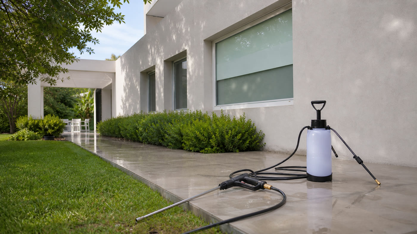 Herramientas para lavado a presión y limpieza suave en patio exterior