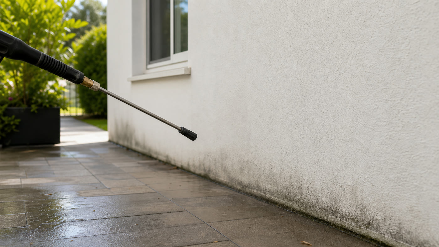 Lanza de hidrolavadora cerca de una pared exterior y patio