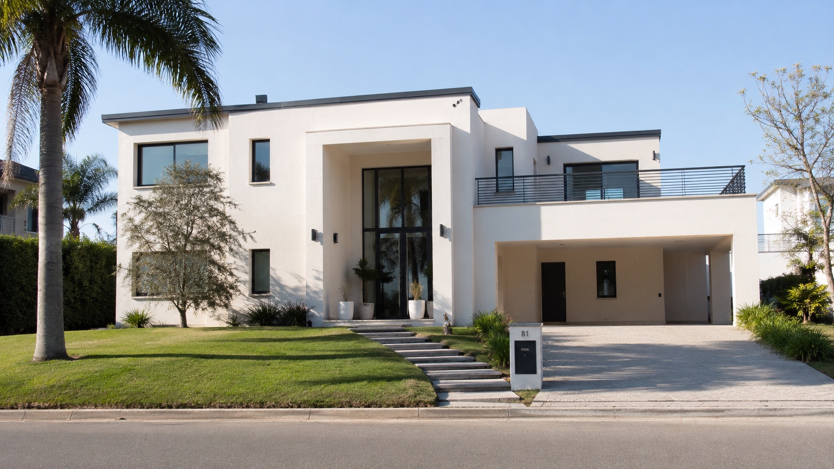 Frente de una casa moderna recién lavada a presión